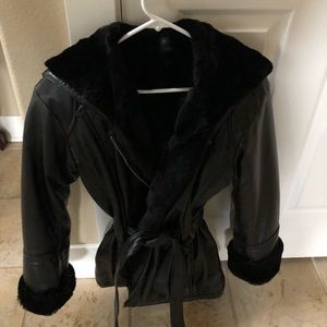 New black leather jacket with hood and fur inside